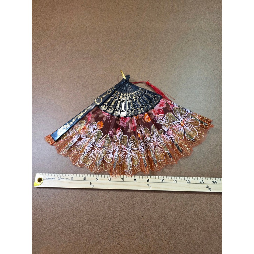 Vintage Style Floral Folding Hand Fan Black Gold Glitter Lace Tassel 9 Inch - Picture 5 of 8